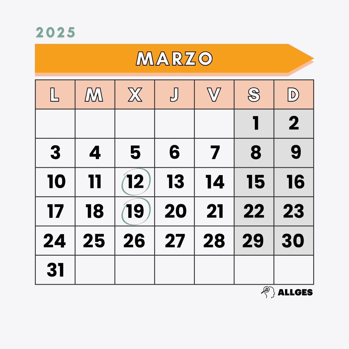 Fechas clave del calendario de la Renta 2025 4 Calendario de Marzo de 2025 con los días 12 y 19 marcados como importantes.