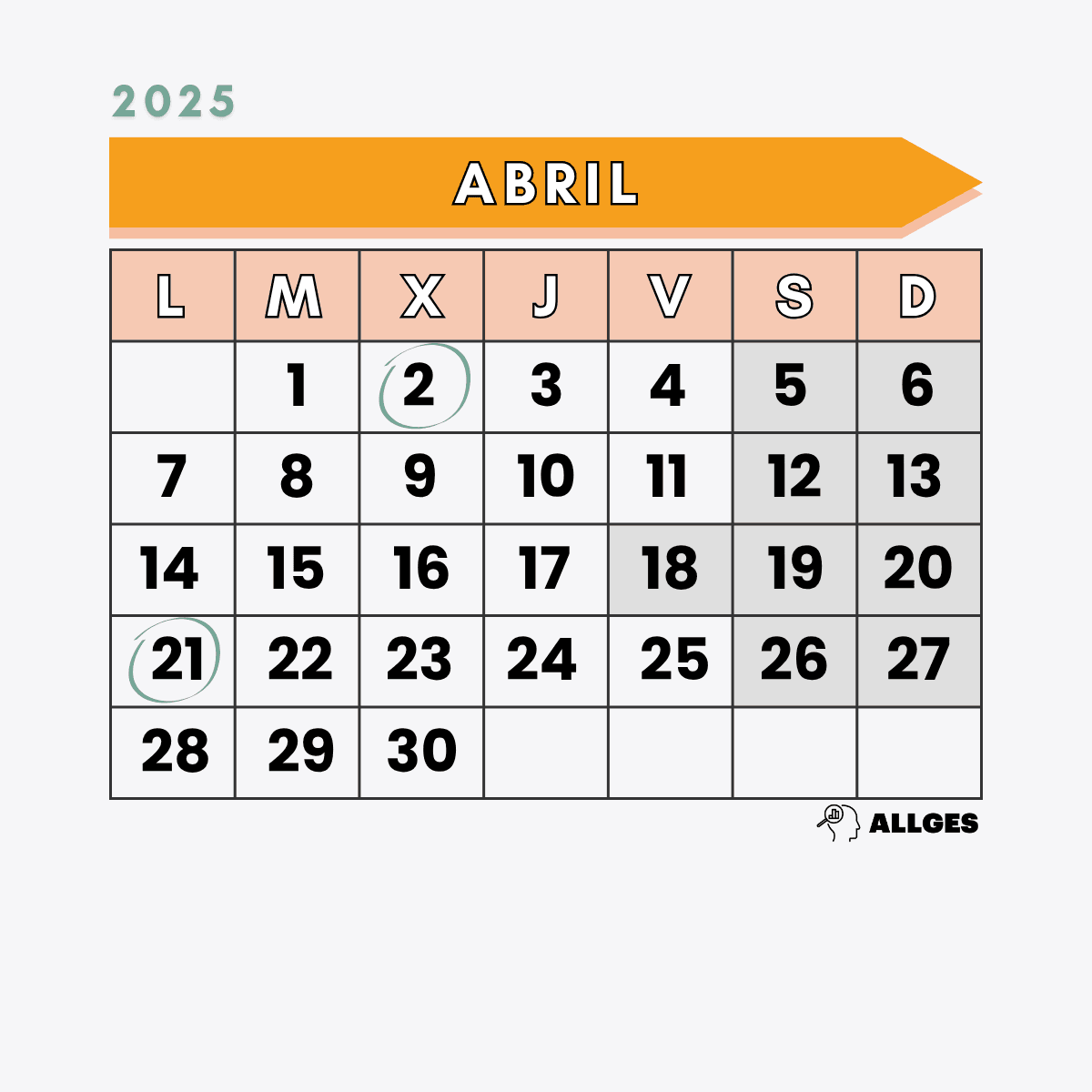 Fechas clave del calendario de la Renta 2025 5 Calendario de Abril de 2025 con los días 2 y 21 marcados como importante.