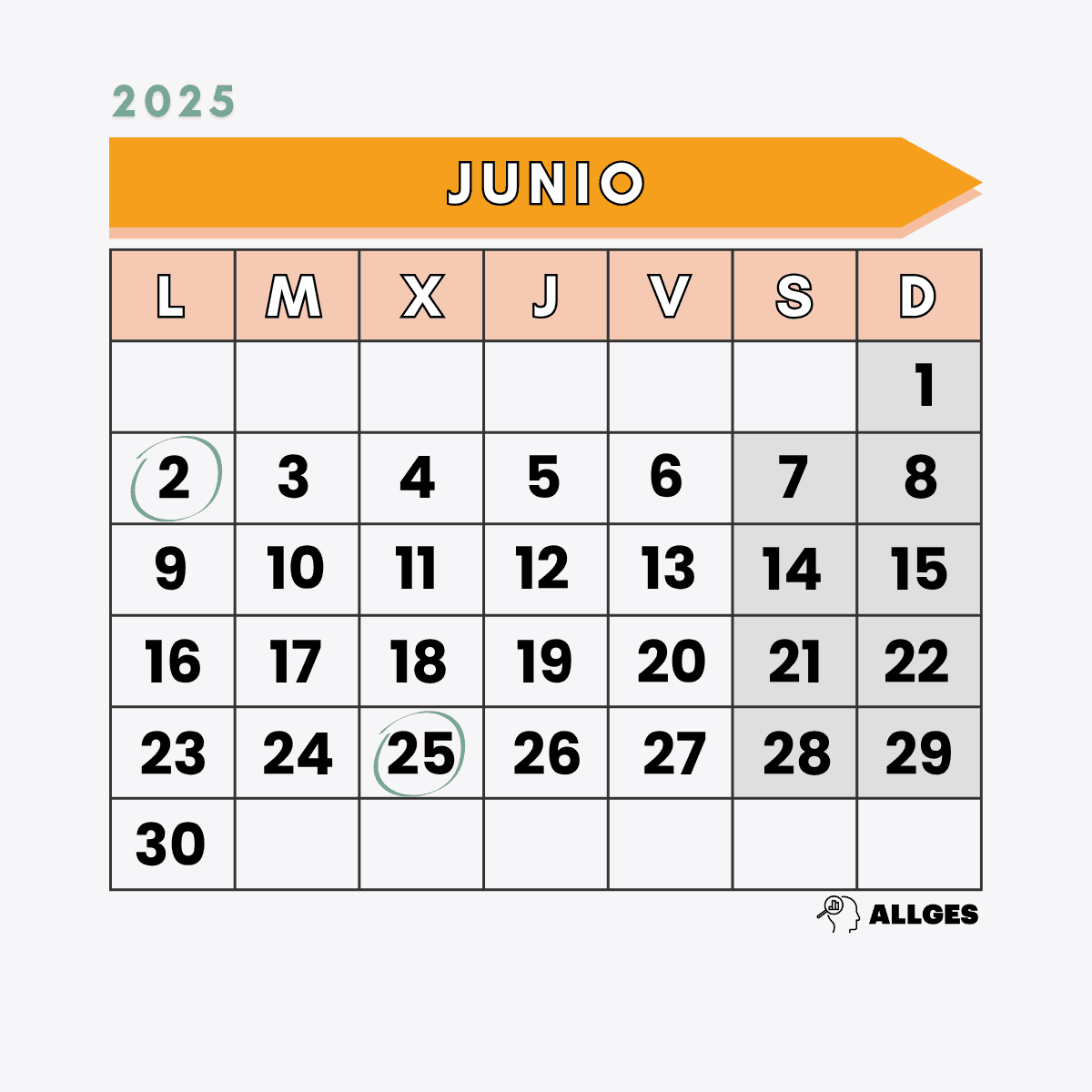 Fechas clave del calendario de la Renta 2025 7 Calendario de Junio de 2025 con los días 2 y 25 marcados como importante.