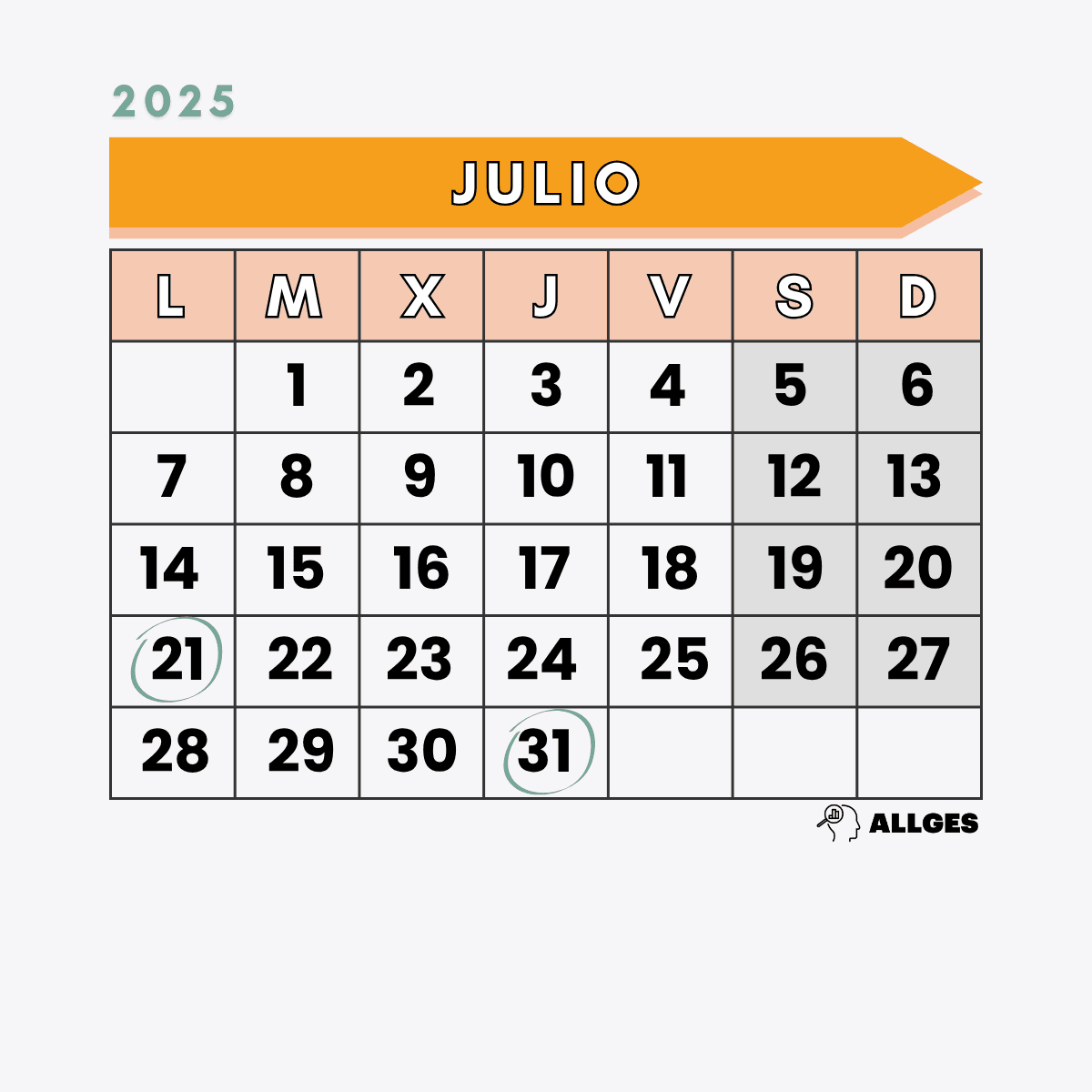Fechas clave del calendario de la Renta 2025 8 Calendario de Julio de 2025 con los días 21 y 31 marcados como importante.