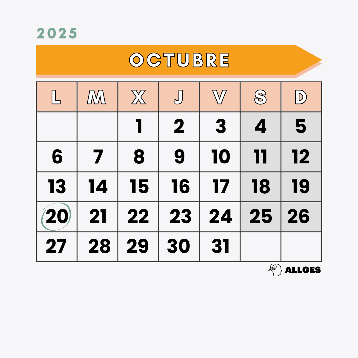 Fechas clave del calendario de la Renta 2025 9 Calendario de Octubre de 2025 con el día 20 marcado como importante.