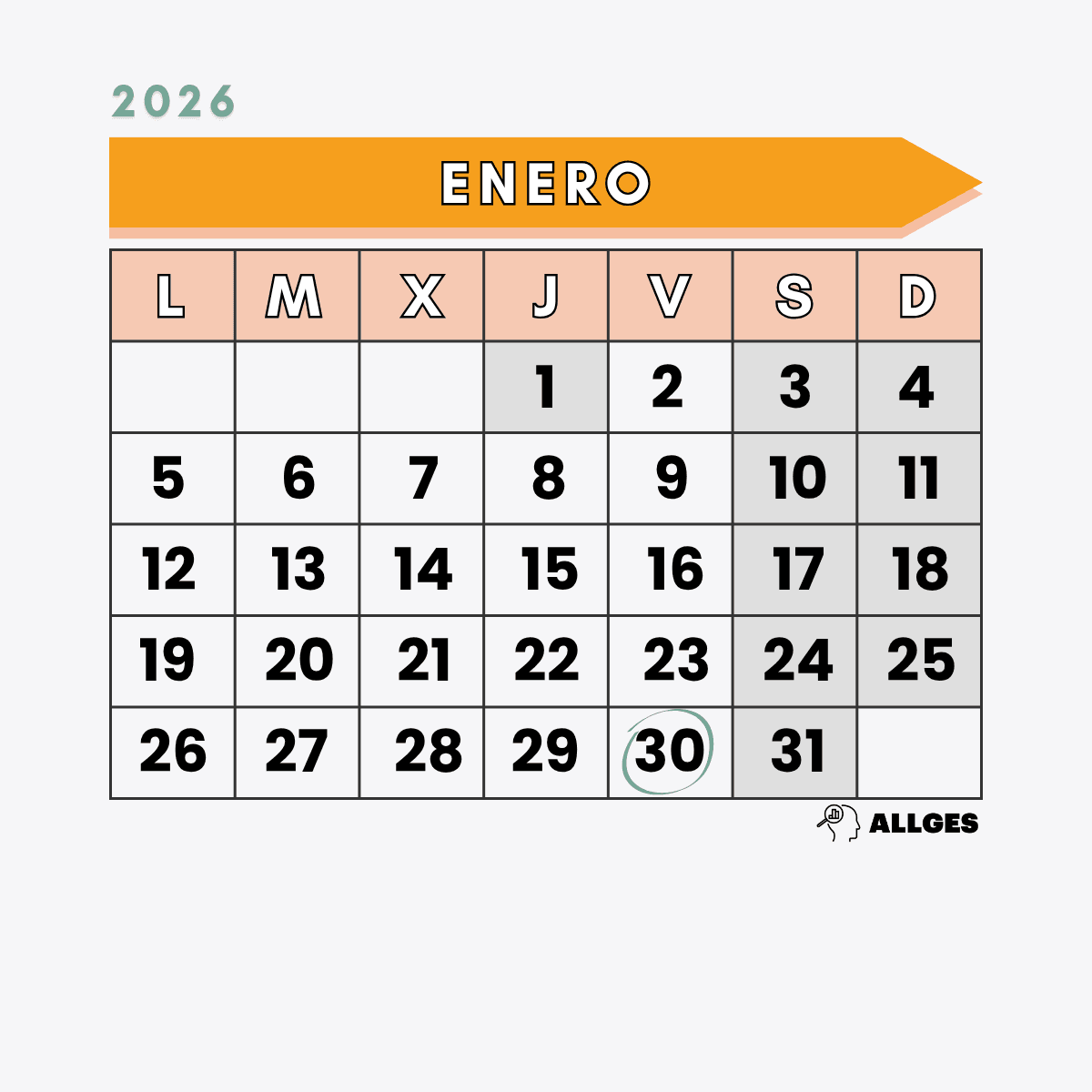 Fechas clave del calendario de la Renta 2025 11 Calendario de Enero de 2026 con el día 30 marcado como importante.