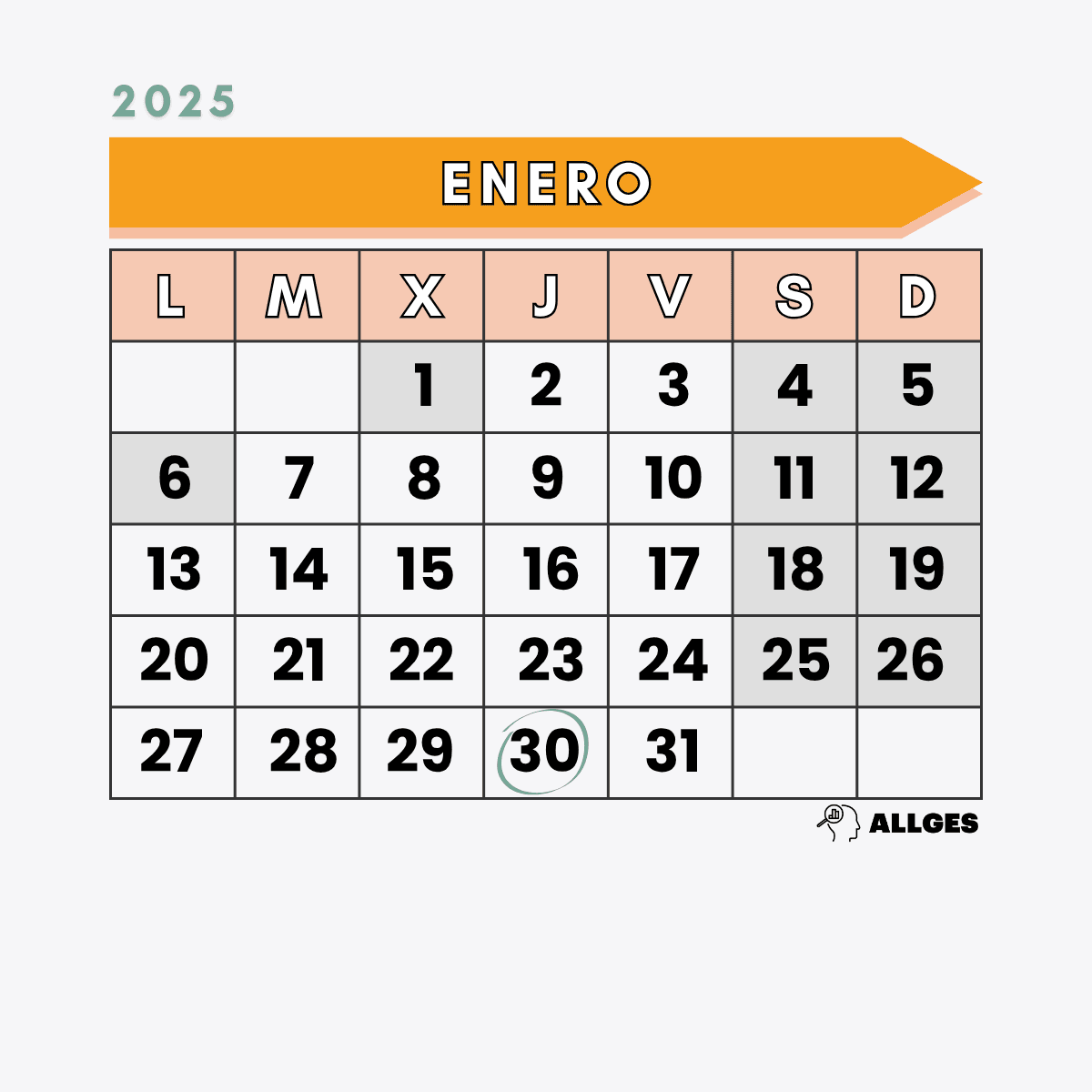 Fechas clave del calendario de la Renta 2025 3 Calendario de Enero de 2025 con el día 30 jueves marcado como importante.