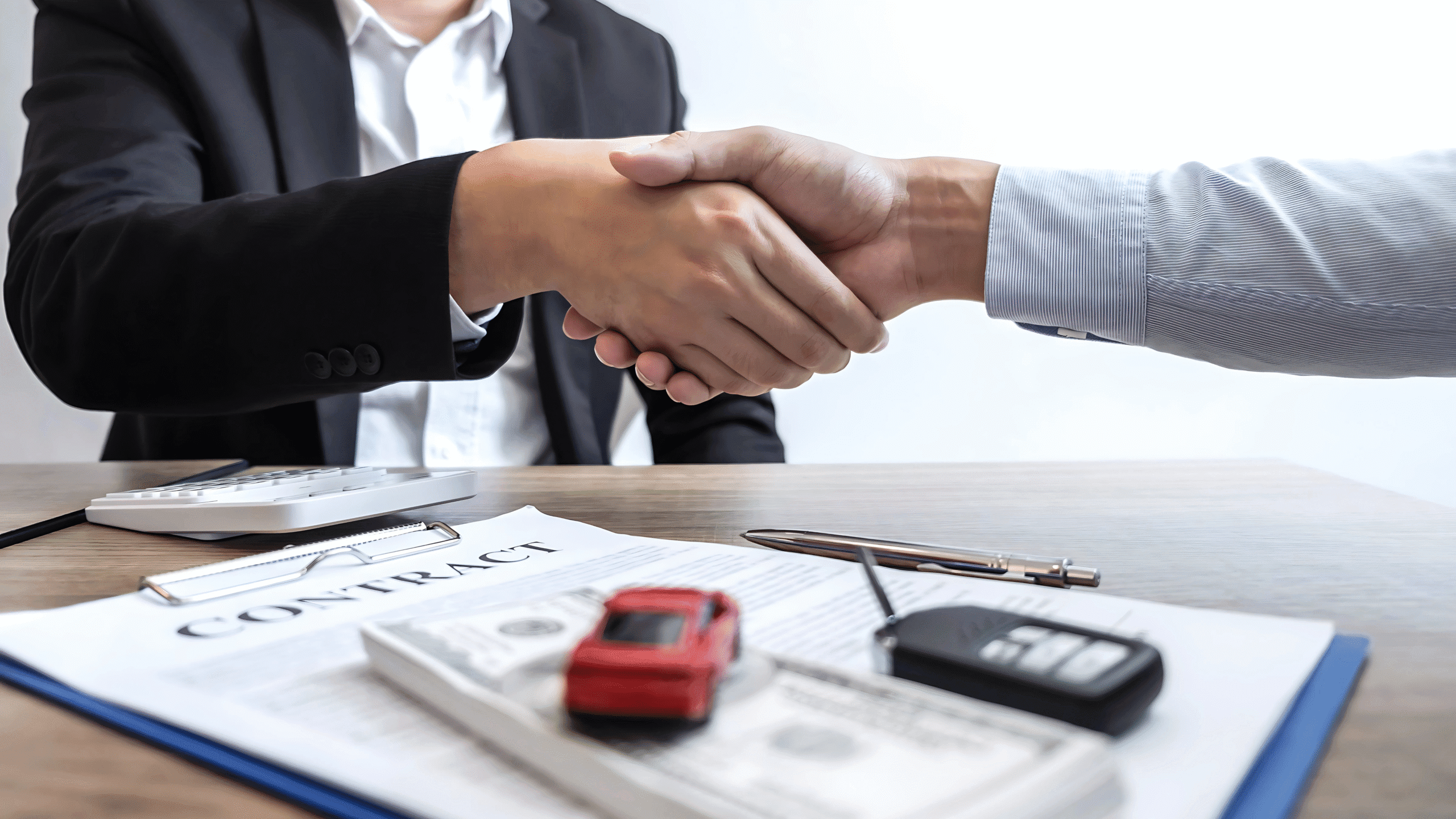 Cómo funciona el leasing y el renting para empresas 3 Imagen de dos manos cerrando un acuerdo de renting o leasing de un vehículo, con el contrato y las llaves sobre la mesa.